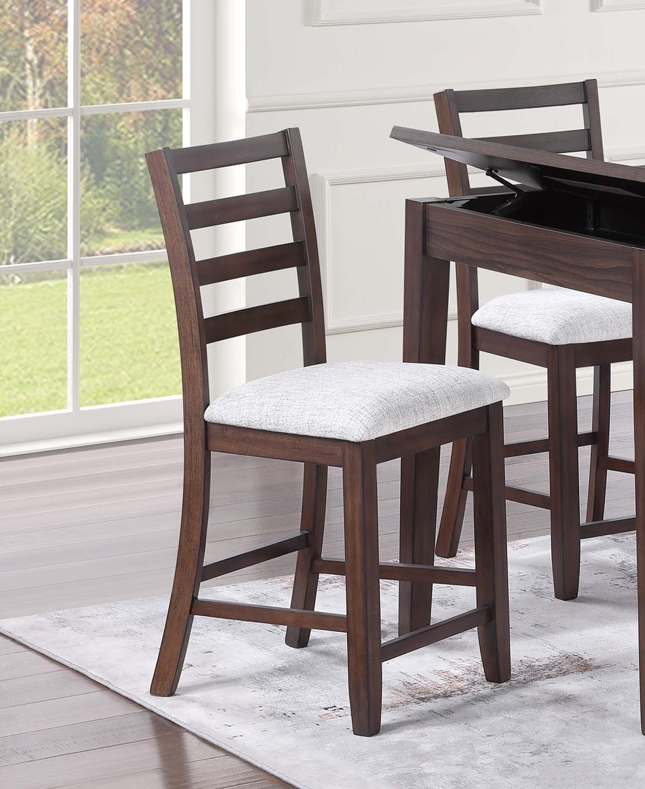 Ladder Back Design Walnut Color Set of 2pc Counter Height Chairs Padded Seat Curved Back Legs Dining Room High Chair
