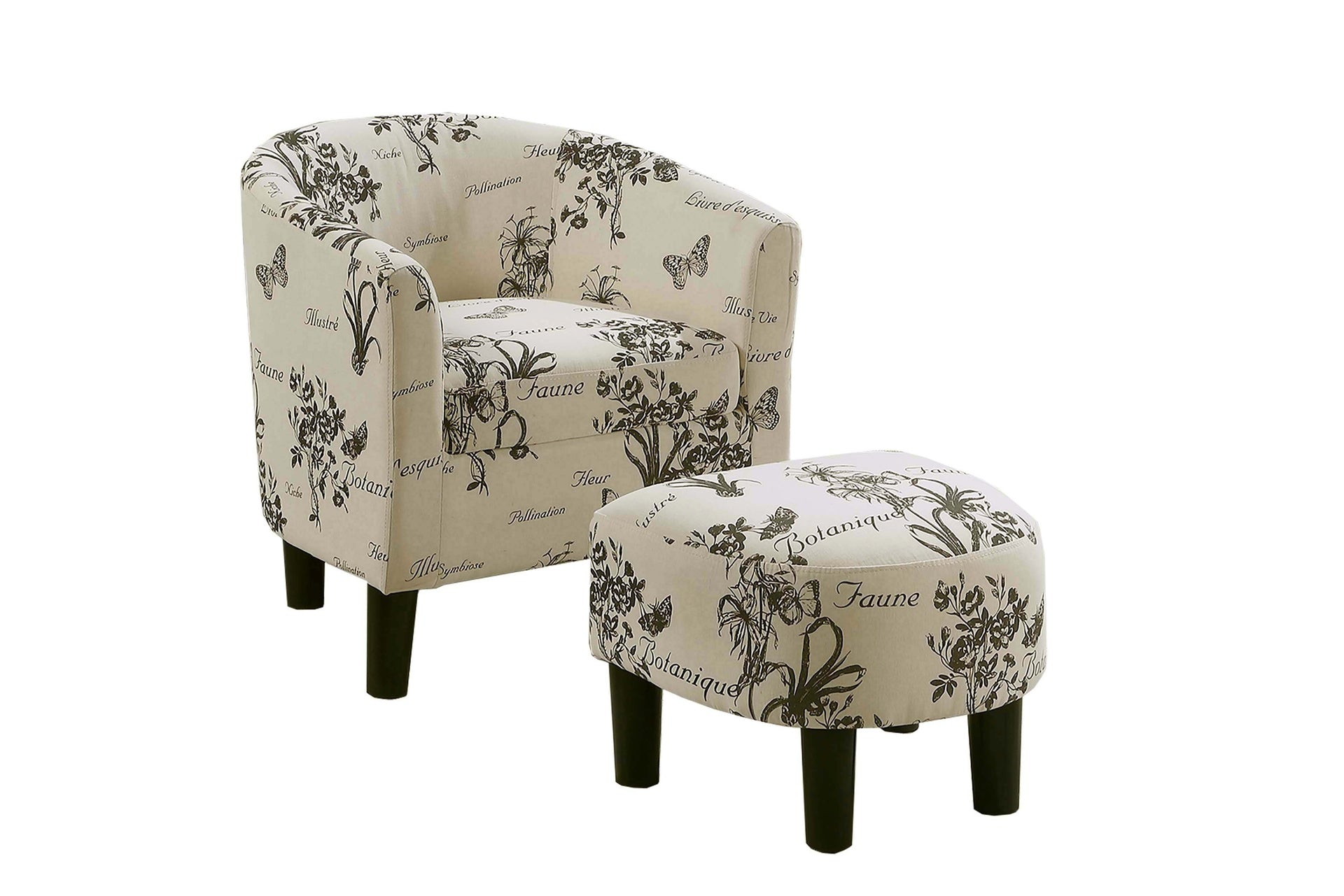 Vintage Design-Inspired White Accent Chair w Ottoman Fabric Upholstered Round Backrest Compact Chair