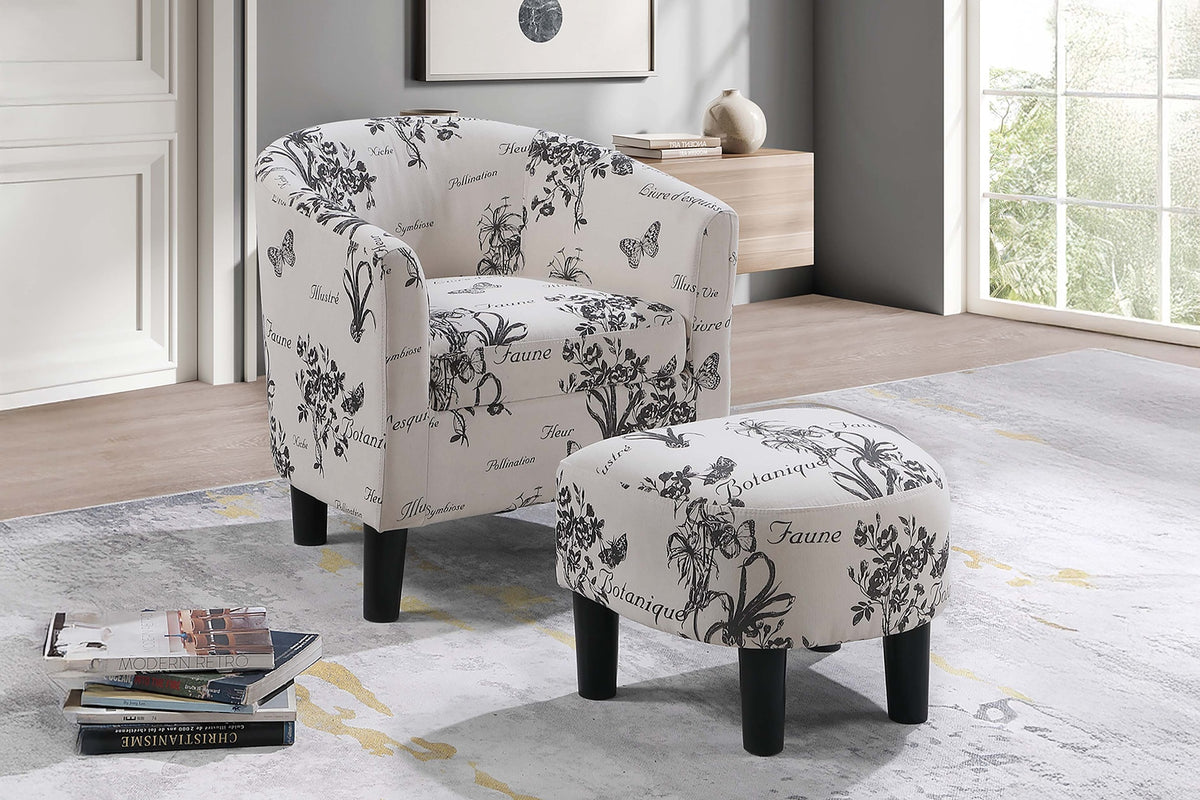 Vintage Design-Inspired White Accent Chair w Ottoman Fabric Upholstered Round Backrest Compact Chair