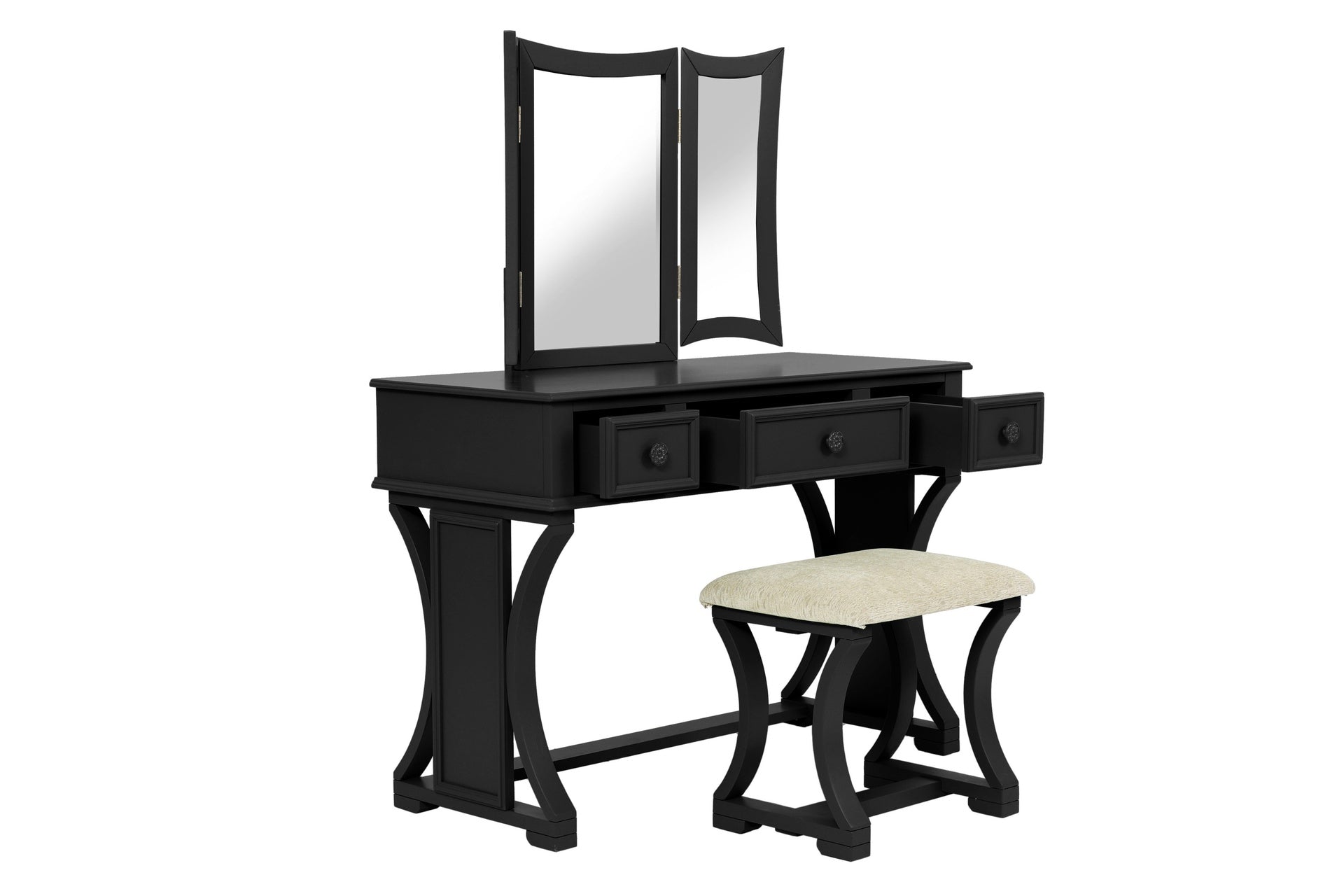 Unique Modern Bedroom Vanity Set w Stool Foldable Mirror Drawers Black Color MDF Veneer 1pc Vanity Set