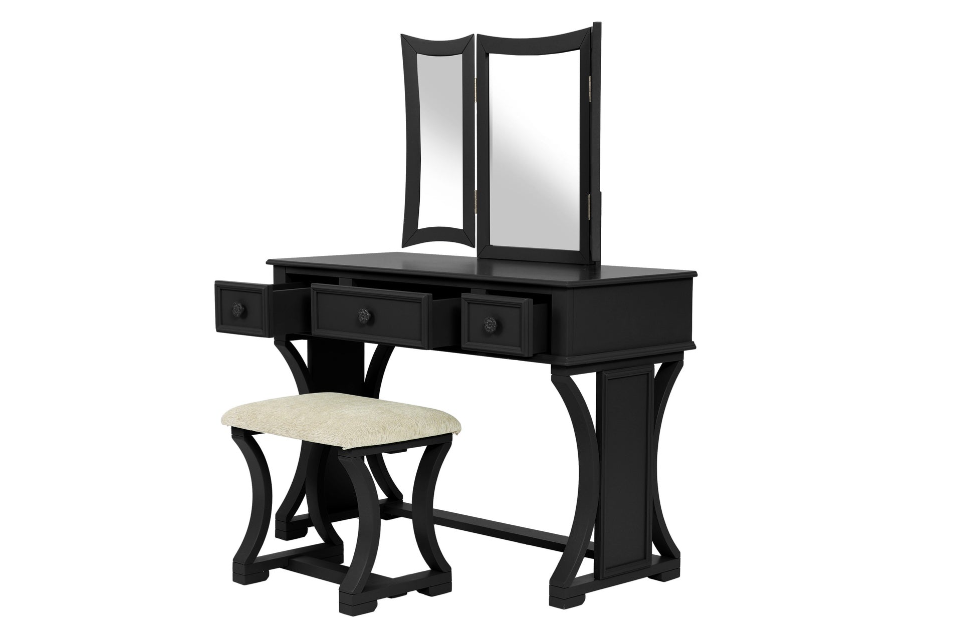 Unique Modern Bedroom Vanity Set w Stool Foldable Mirror Drawers Black Color MDF Veneer 1pc Vanity Set