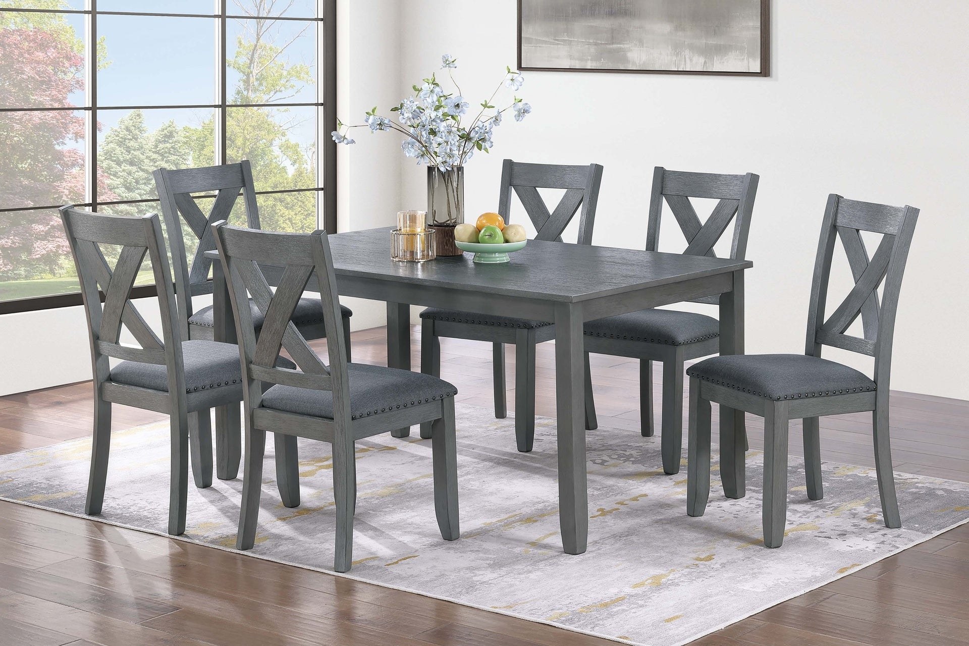 Gray Finish Dining Table 6x Chairs 7pcs Dining Set Cushion Seat Nailhead X-Cross Back Chairs Dining Room Furniture Modern Style