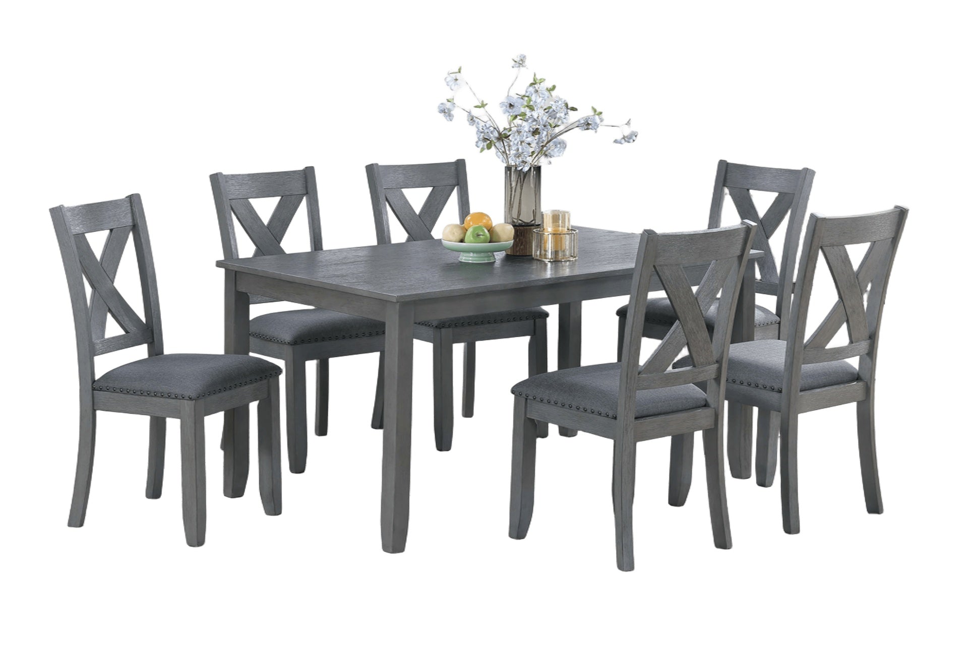 Gray Finish Dining Table 6x Chairs 7pcs Dining Set Cushion Seat Nailhead X-Cross Back Chairs Dining Room Furniture Modern Style