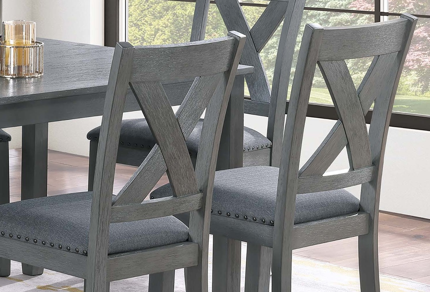 Gray Finish Dining Table 6x Chairs 7pcs Dining Set Cushion Seat Nailhead X-Cross Back Chairs Dining Room Furniture Modern Style
