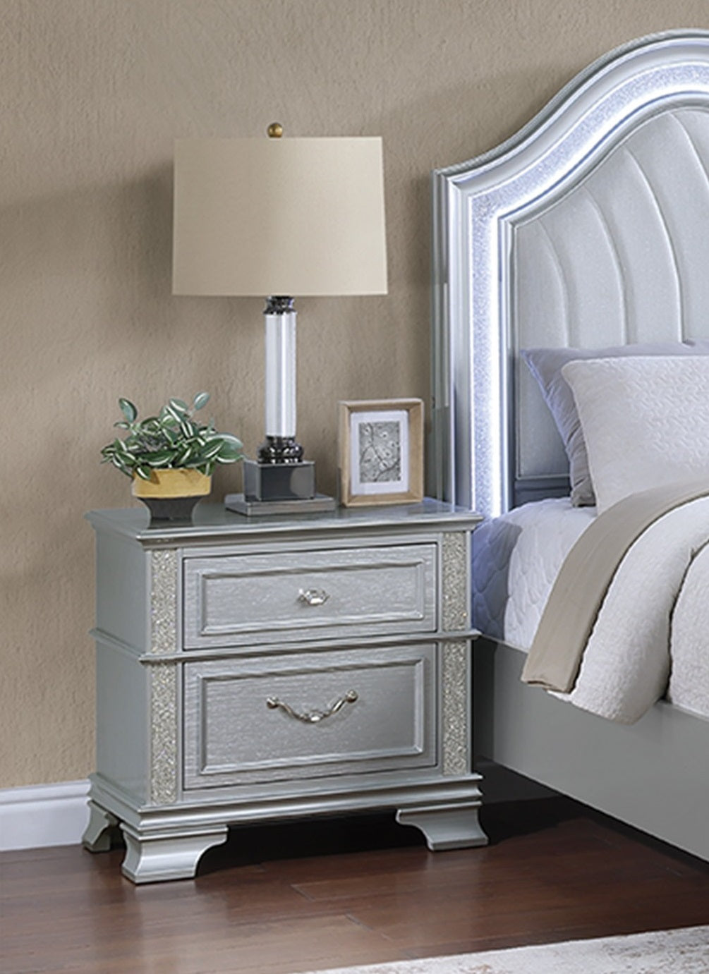 Elegance Gray Finish 2-Drawers Nightstand Decorative Glitter Front 1pc Bedside Table Bedroom