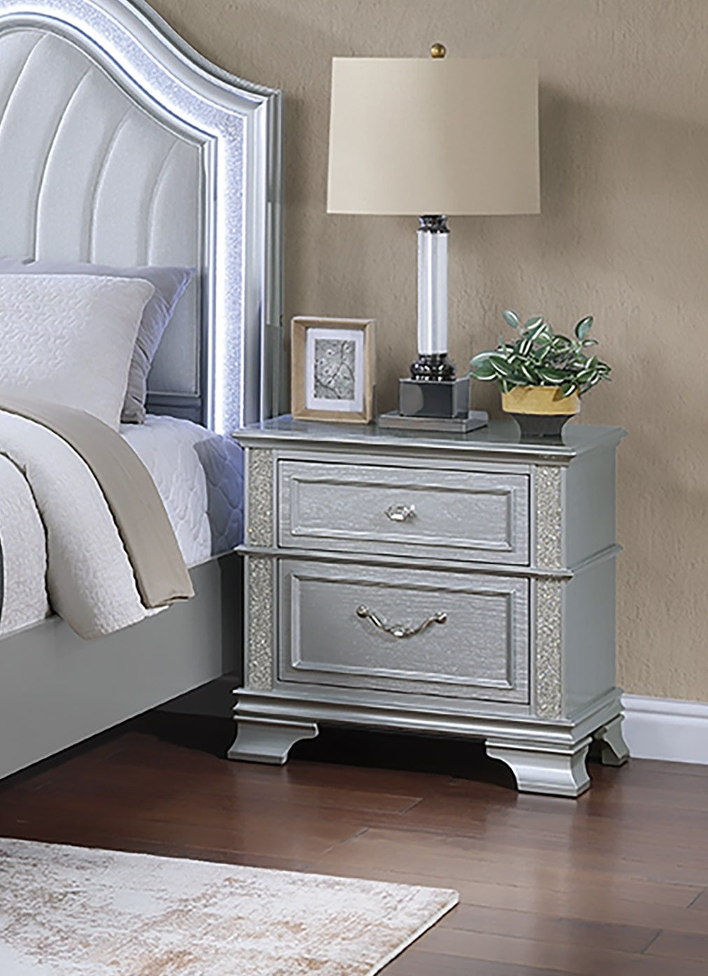 Elegance Gray Finish 2-Drawers Nightstand Decorative Glitter Front 1pc Bedside Table Bedroom