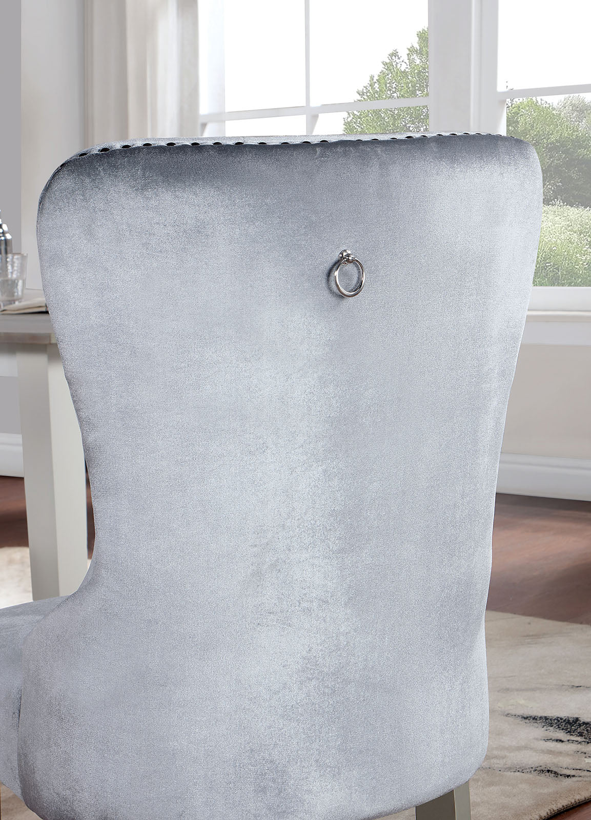 Classic Gray Flannelette 2pcs Side Chairs Crystal-like Acrylic Buttons Upholstered Wingback Dining Chair