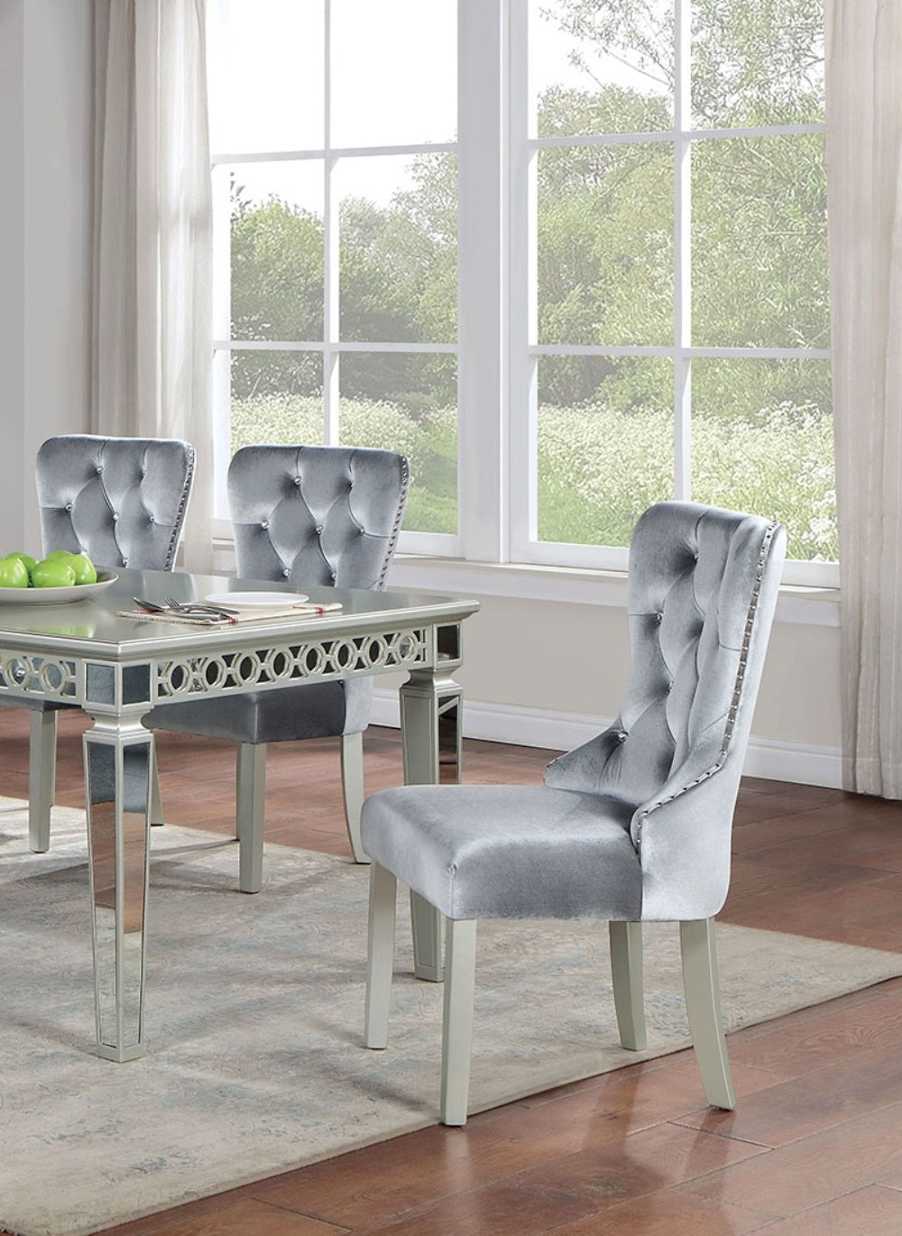 Classic Gray Flannelette 2pcs Side Chairs Crystal-like Acrylic Buttons Upholstered Wingback Dining Chair