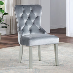 Classic Gray Flannelette 2pcs Side Chairs Crystal-like Acrylic Buttons Upholstered Wingback Dining Chair