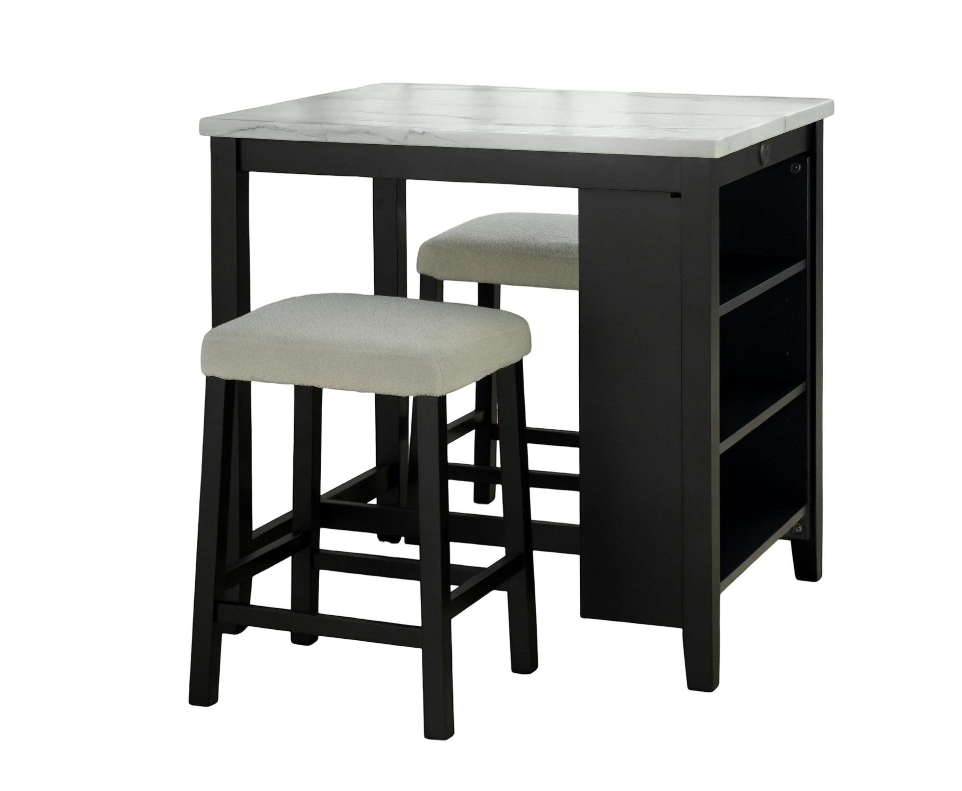 Black Dining Table Storage Side Shelves 2x Stools High Gloss Table Top White / Ivory 3pc Dining Set