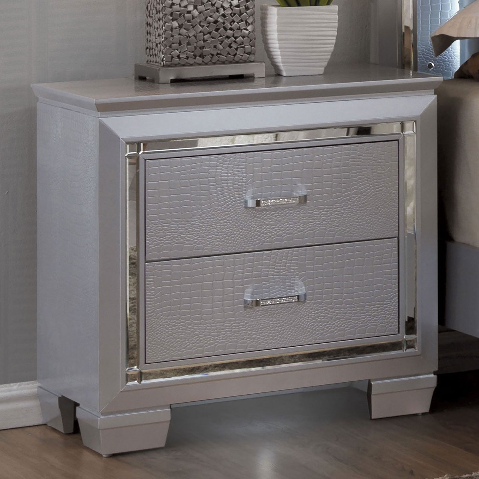 Contemporary 1pc Nightstand Silver Bedside Table LED Light English Dovetail Drawer Bedroom Furniture