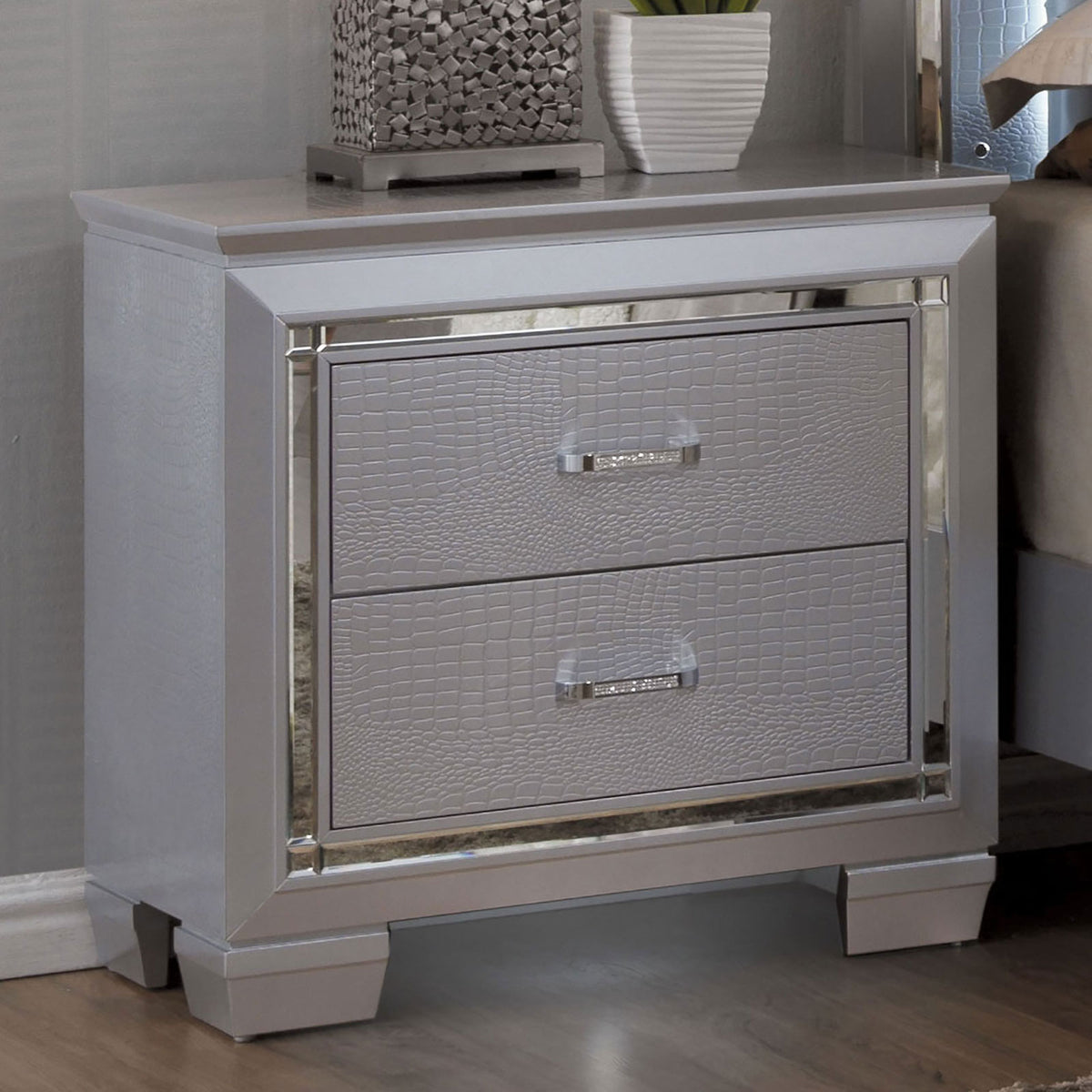 Contemporary 1pc Nightstand Silver Bedside Table LED Light English Dovetail Drawer Bedroom Furniture