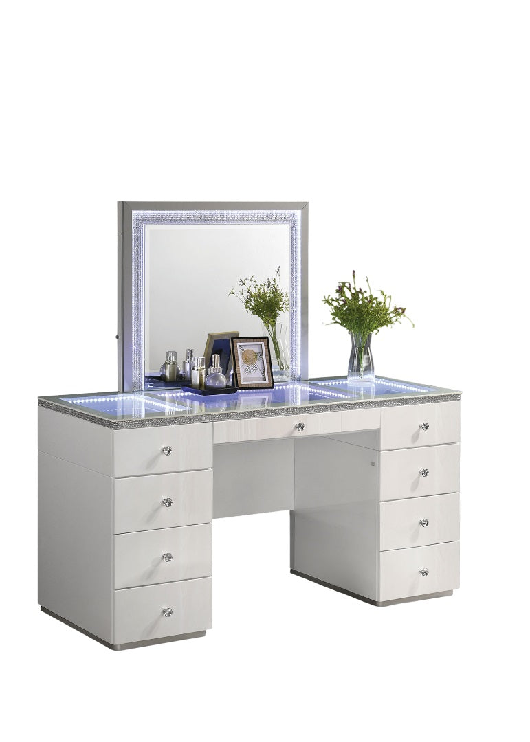Contemporary Style 1pc Vanity Tempered Glass Top Ball Bearing Glides High Gloss Finish Stainless Steel Beveled Mirror White Finish Bedroom Furniture