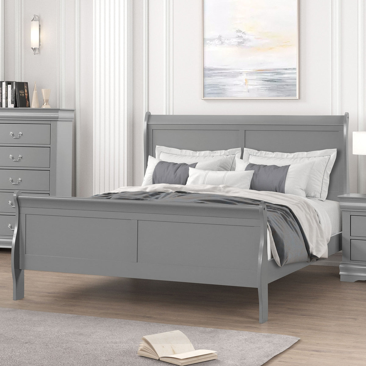 Gray Color Sleigh Design 1pc Queen Size Bed Bedroom Furniture Louis Phillipe Bed Bracket Feet Wooden