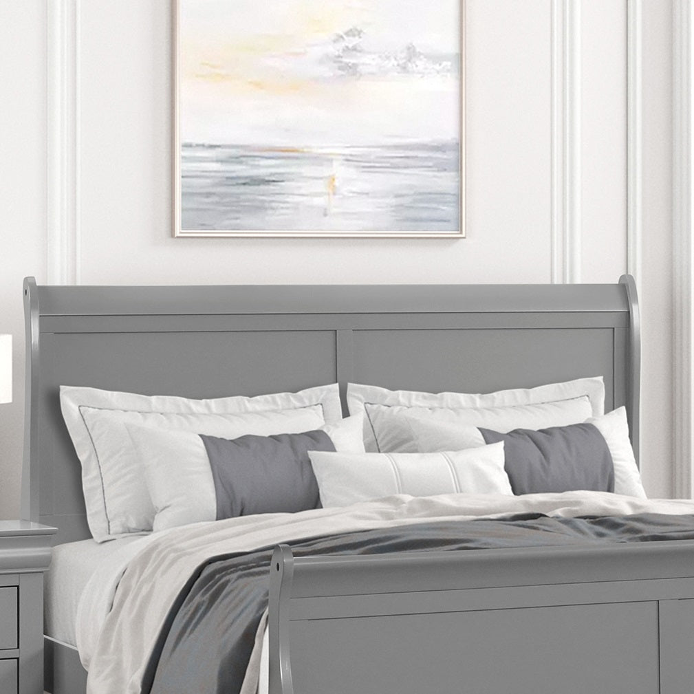 Gray Color Sleigh Design 1pc Queen Size Bed Bedroom Furniture Louis Phillipe Bed Bracket Feet Wooden