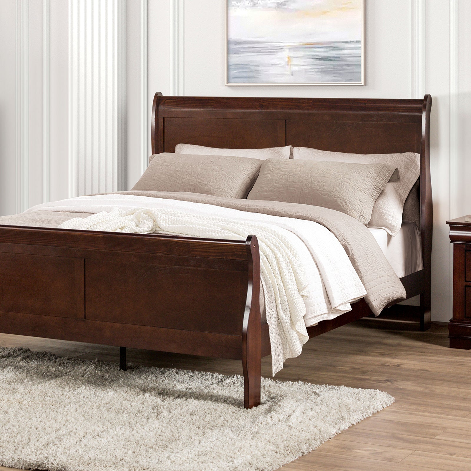 Dark Cherry Sleigh Design 1pc Full Size Bed Bedroom Furniture Louis Phillipe Bed Bracket Feet Wooden