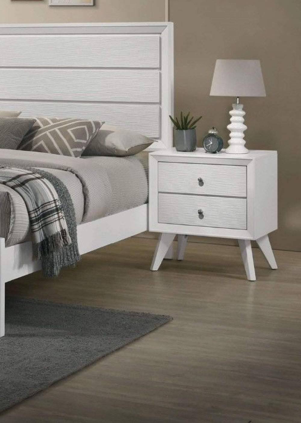 1pc Nightstand White Angled Legs Round Bronze Round Knobs 2-Drawers Bedside Table Bedroom Furniture