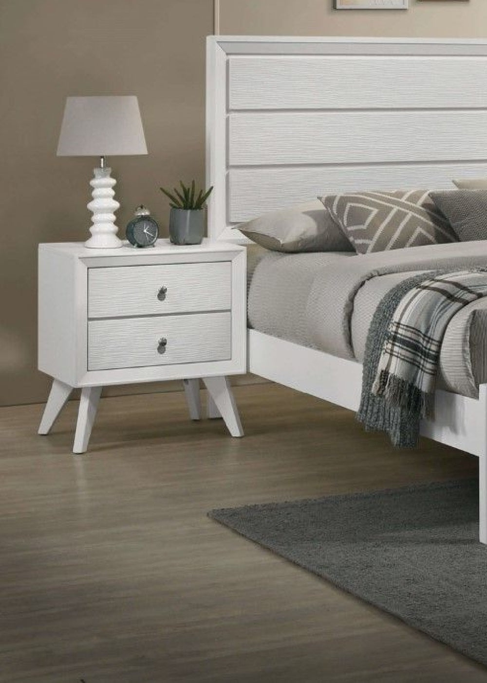1pc Nightstand White Angled Legs Round Bronze Round Knobs 2-Drawers Bedside Table Bedroom Furniture