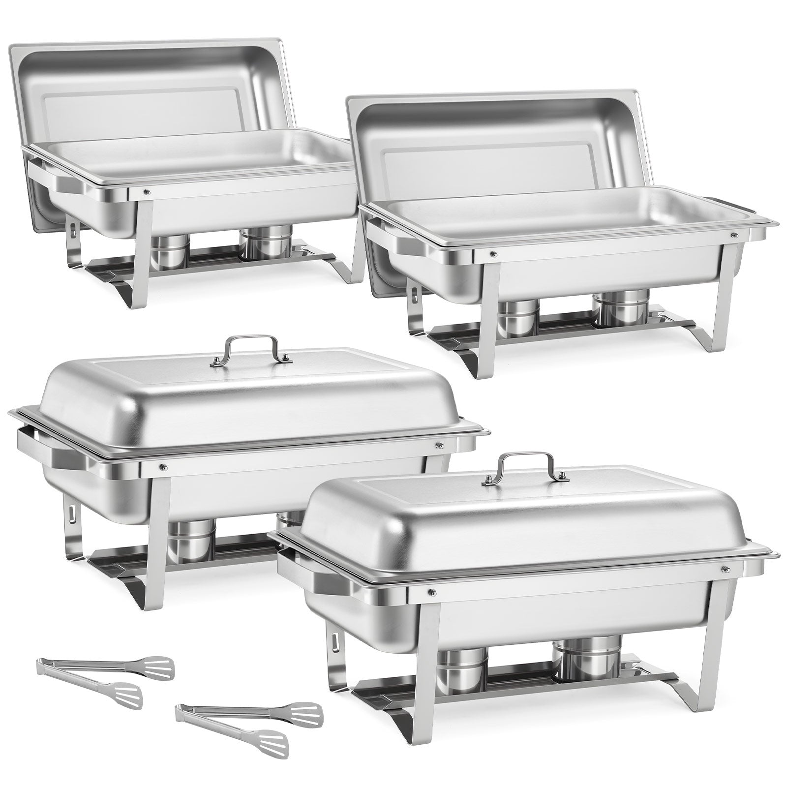 Rectangle Chafing Dish, 9 Qt 4 Pack Stainless Steel Chafing Dish, Food Warmer Chafer Complete Set with Hollow Handle, 2 Food Tongs, Lid, Fuel Holder, Chafer Dishes for Banquet Party Wedding
