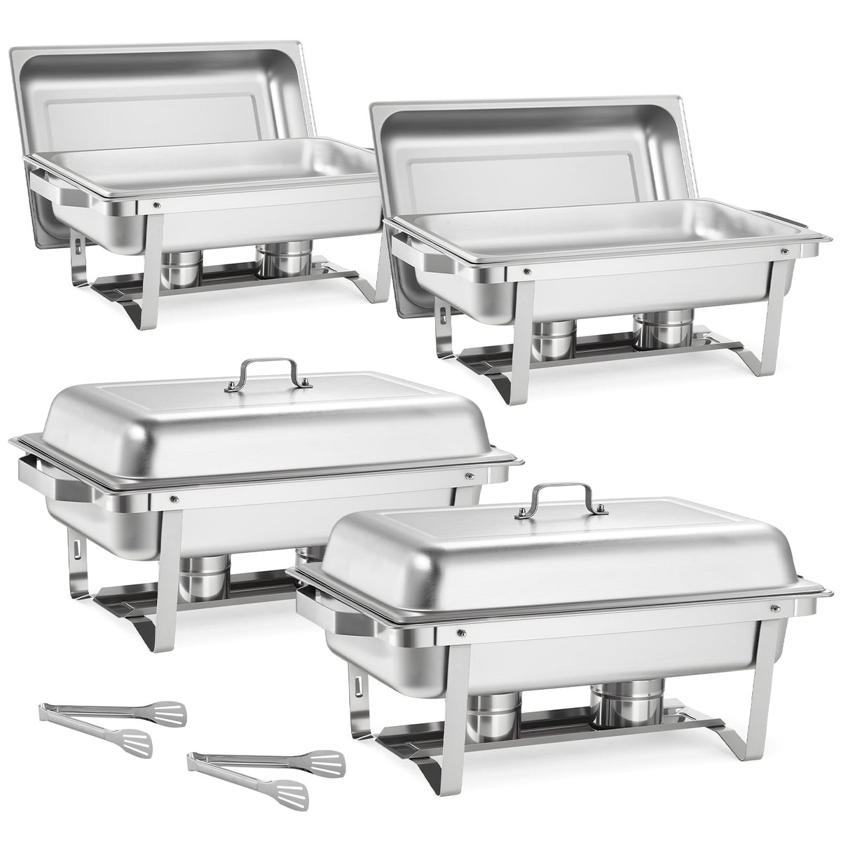 Rectangle Chafing Dish, 9 Qt 4 Pack Stainless Steel Chafing Dish, Food Warmer Chafer Complete Set with Hollow Handle, 2 Food Tongs, Lid, Fuel Holder, Chafer Dishes for Banquet Party Wedding
