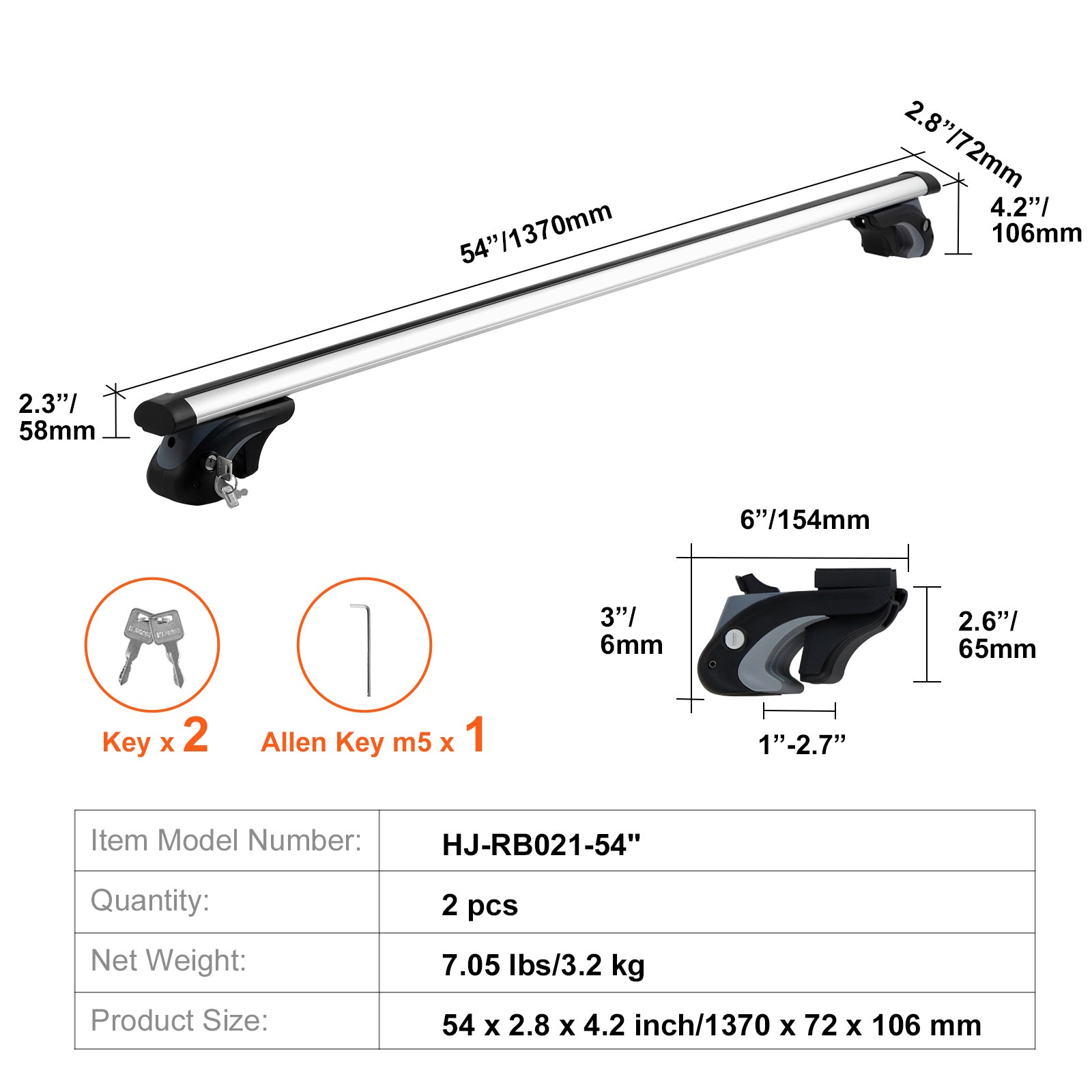 Universal Roof Rack Cross Bars, 54" Aluminum Roof Rack Crossbars, Fit Existing Raised Side Rail with Gap, 200 lbs Load Capacity, Adjustable Crossbars with Locks, for SUVs, Sedans, and Vans