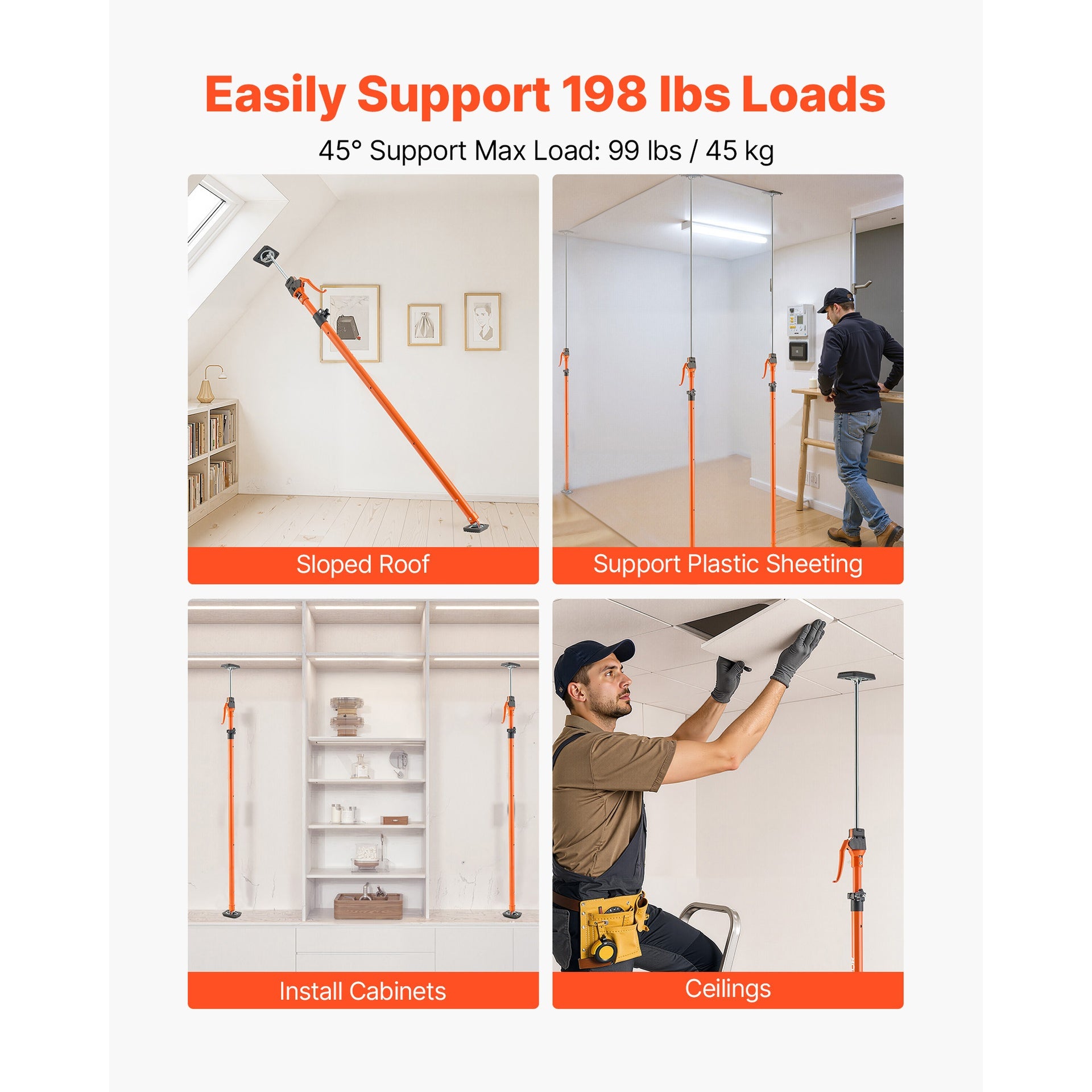 Cabinet Jack Support Pole, 2-Pack, 49.2-114.6 Inch Steel Telescopic Quick Support Rod, Adjustable 3rd Hand System up to 198 lbs Capacity for Installing Cabinets, Lifting Drywall, Cargo Bars