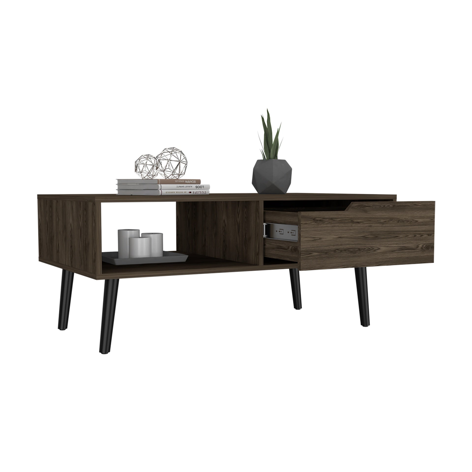 Coffee Table, One Open Shelf, One Drawer, Dark Walnut