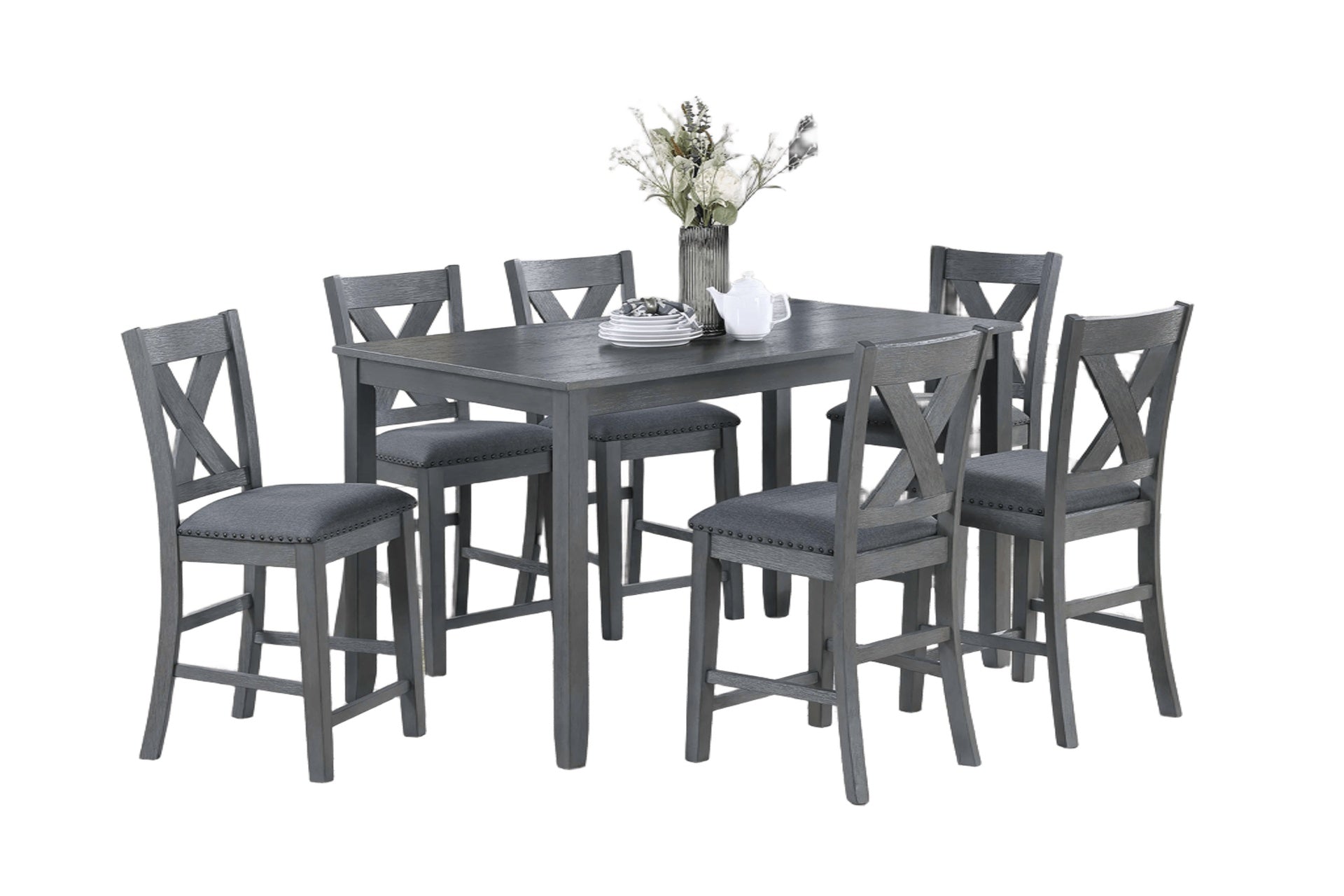 Modern Style Gray Dining Table 6x Chairs 7pcs Counter Height Set Cushion Seat Nailhead X-Cross Back Chairs Dining Room Furniture