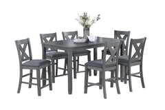 Modern Style Gray Dining Table 6x Chairs 7pcs Counter Height Set Cushion Seat Nailhead X-Cross Back Chairs Dining Room Furniture