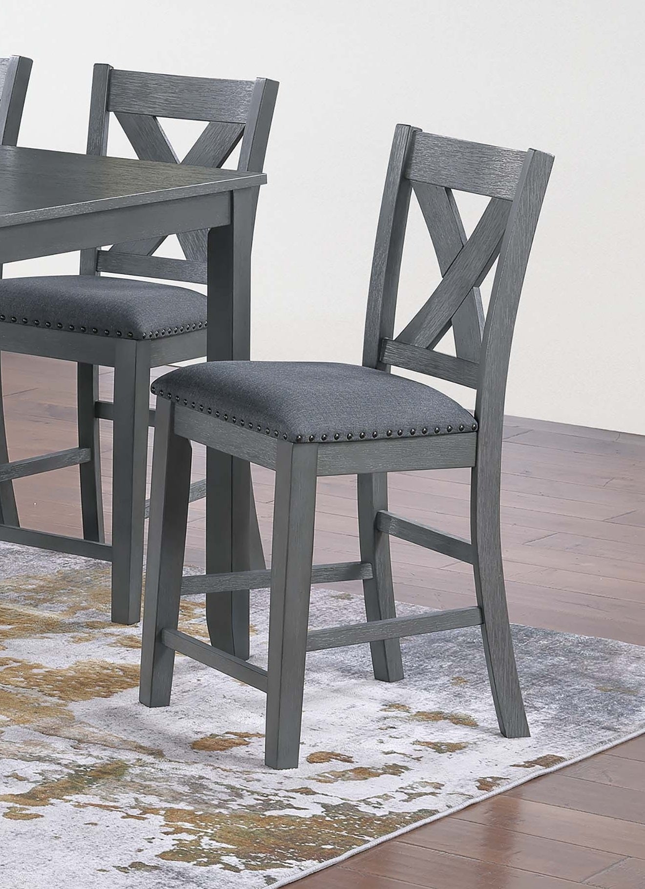 Modern Style Gray Dining Table 6x Chairs 7pcs Counter Height Set Cushion Seat Nailhead X-Cross Back Chairs Dining Room Furniture