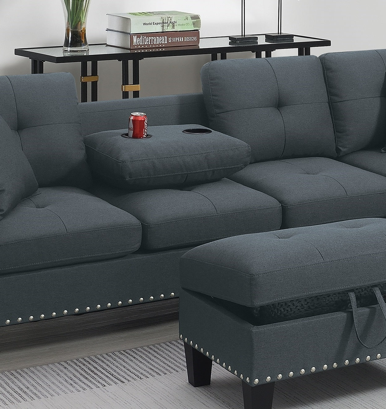 Living Room Furniture 3-PCS Sectional Sofa Set LAF Sofa RAF Chaise And Storage Ottoman Cup Holder Charcoal Color Linen-Like Fabric Couch