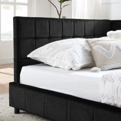 Queen Size Upholstered Tufted Bed Frame, Sofa Bed Frame with Comfortable Backrest and Armrests, Queen Size Bed for Bedroom, Living Room,Velvet, BLACK(85.5''*64.5''*30.5'')