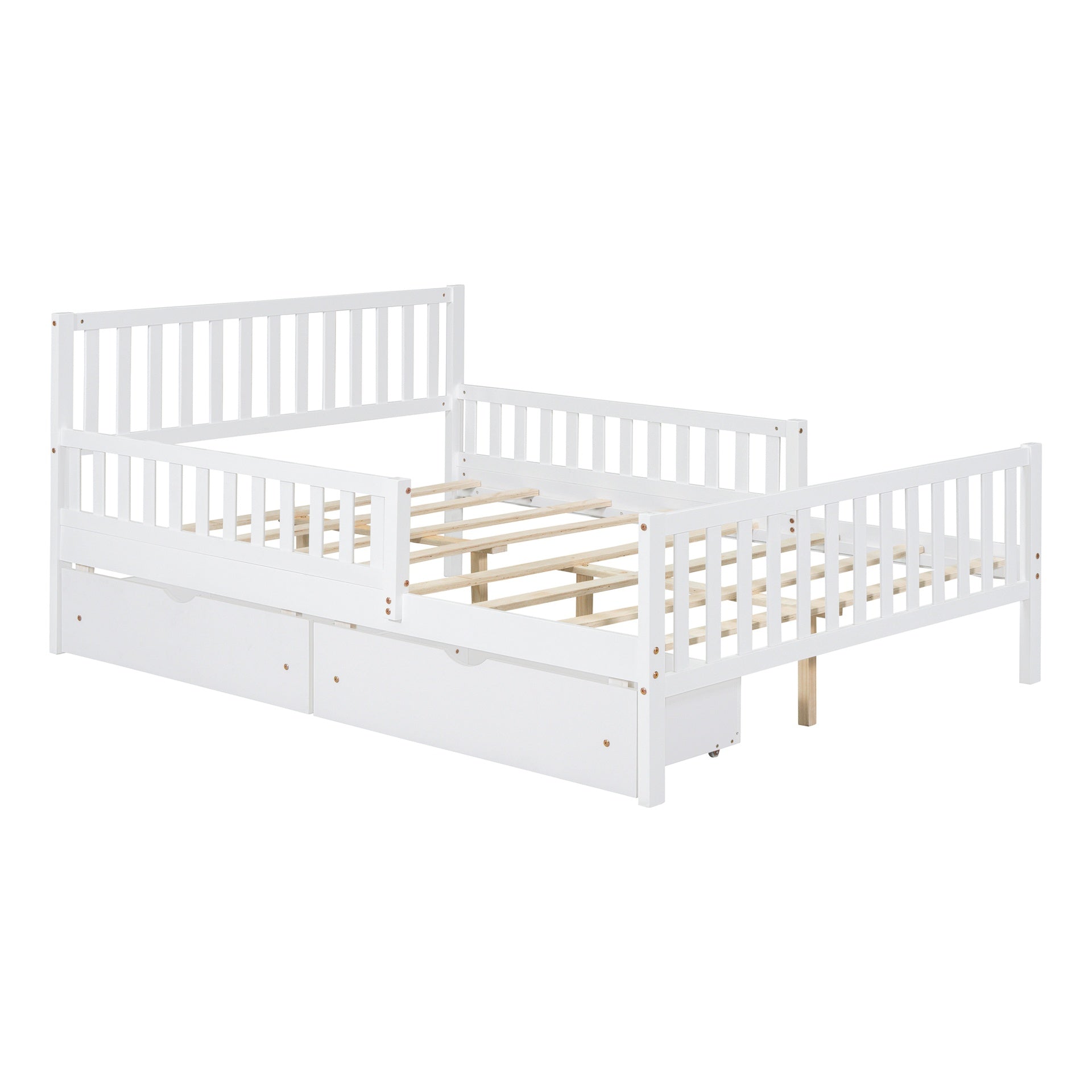 Full Size Wood Platform Bed with Guardrails on Both Sides and Two Storage Drawers ,White