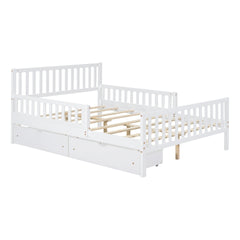 Full Size Wood Platform Bed with Guardrails on Both Sides and Two Storage Drawers ,White