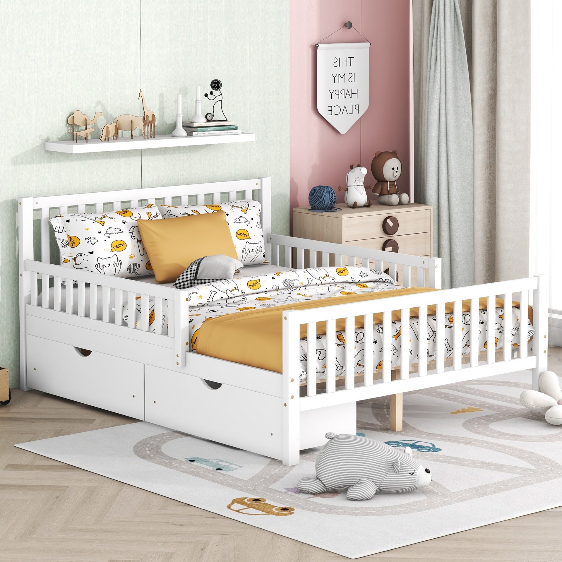 Full Size Wood Platform Bed with Guardrails on Both Sides and Two Storage Drawers ,White