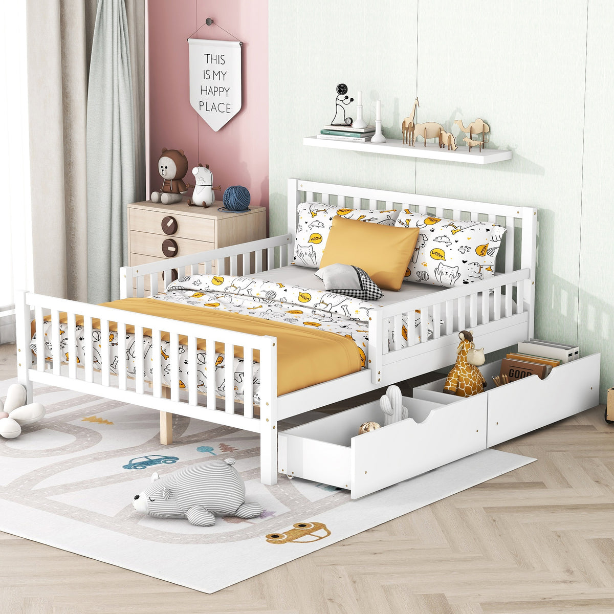 Full Size Wood Platform Bed with Guardrails on Both Sides and Two Storage Drawers ,White