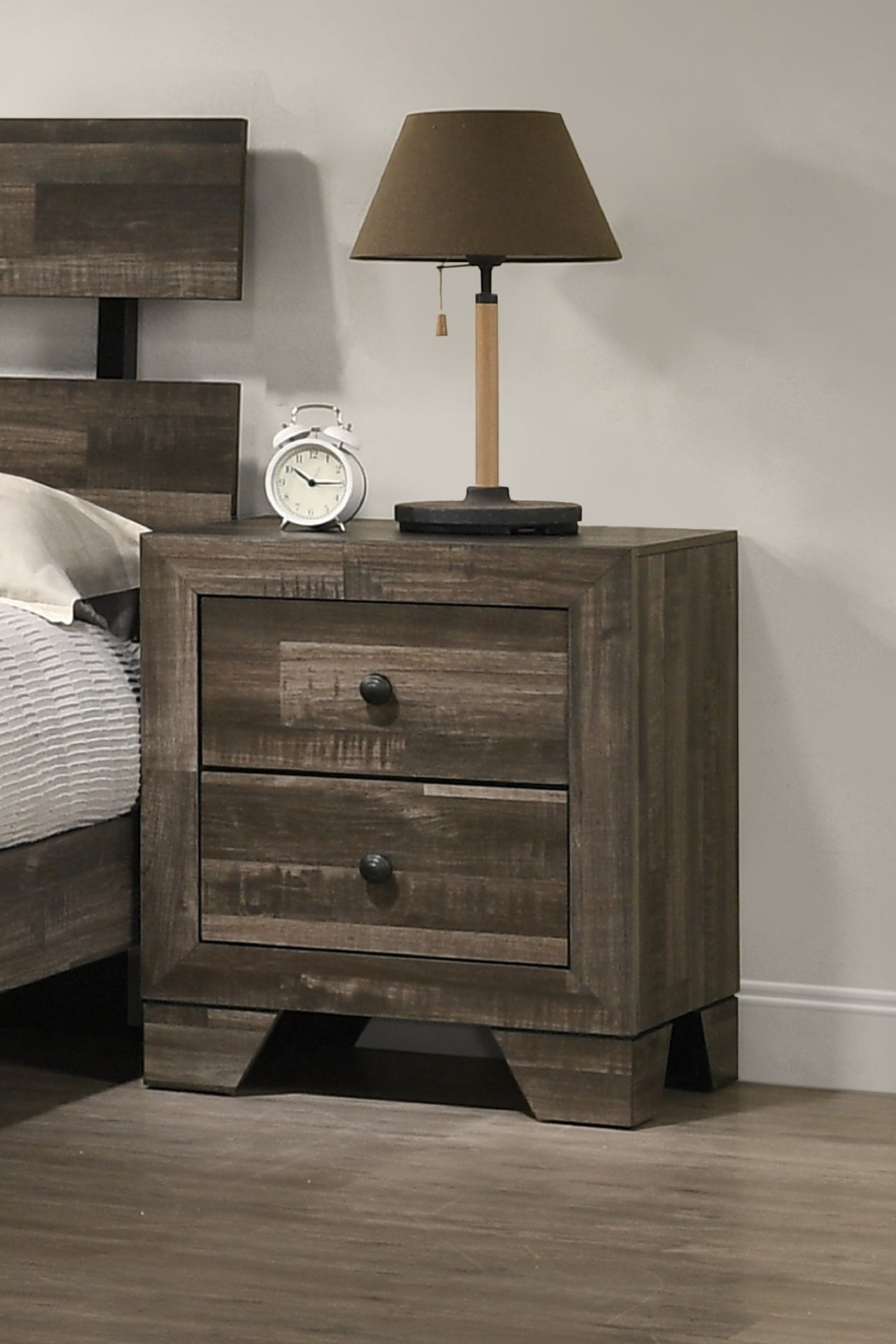 1pc Rustic Two Drawers Storage Nightstand Brown Gray Finish Wooden Bedroom Furniture