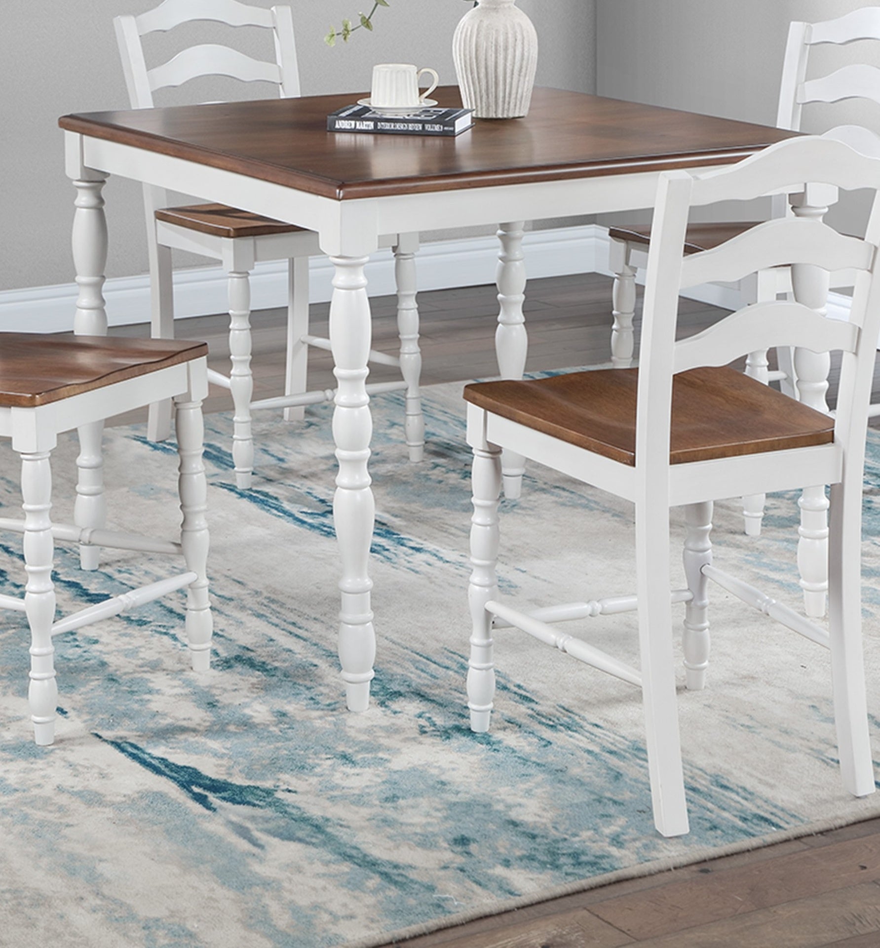 White 5-Pc Counter Height Dining Set Dining Table 4 x Chairs Natural wood Grain Look Table Top Classic Dining Room