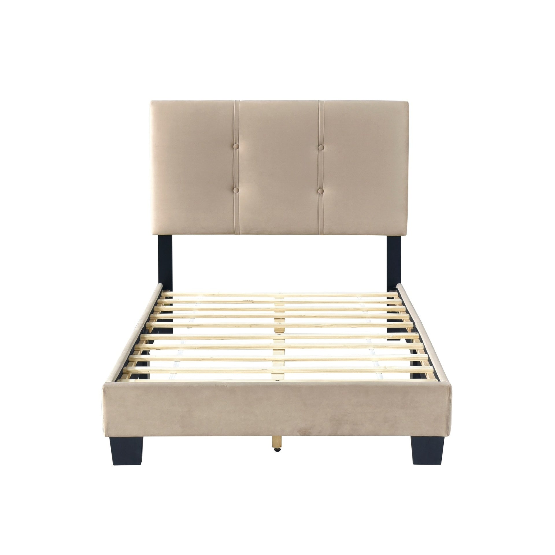 1pc Twin Platform Bed Light Brown Velvet Upholstered Adjustable Height Headboard Button Tufted Solid Wood Bedroom Furniture
