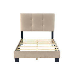 1pc Twin Platform Bed Light Brown Velvet Upholstered Adjustable Height Headboard Button Tufted Solid Wood Bedroom Furniture