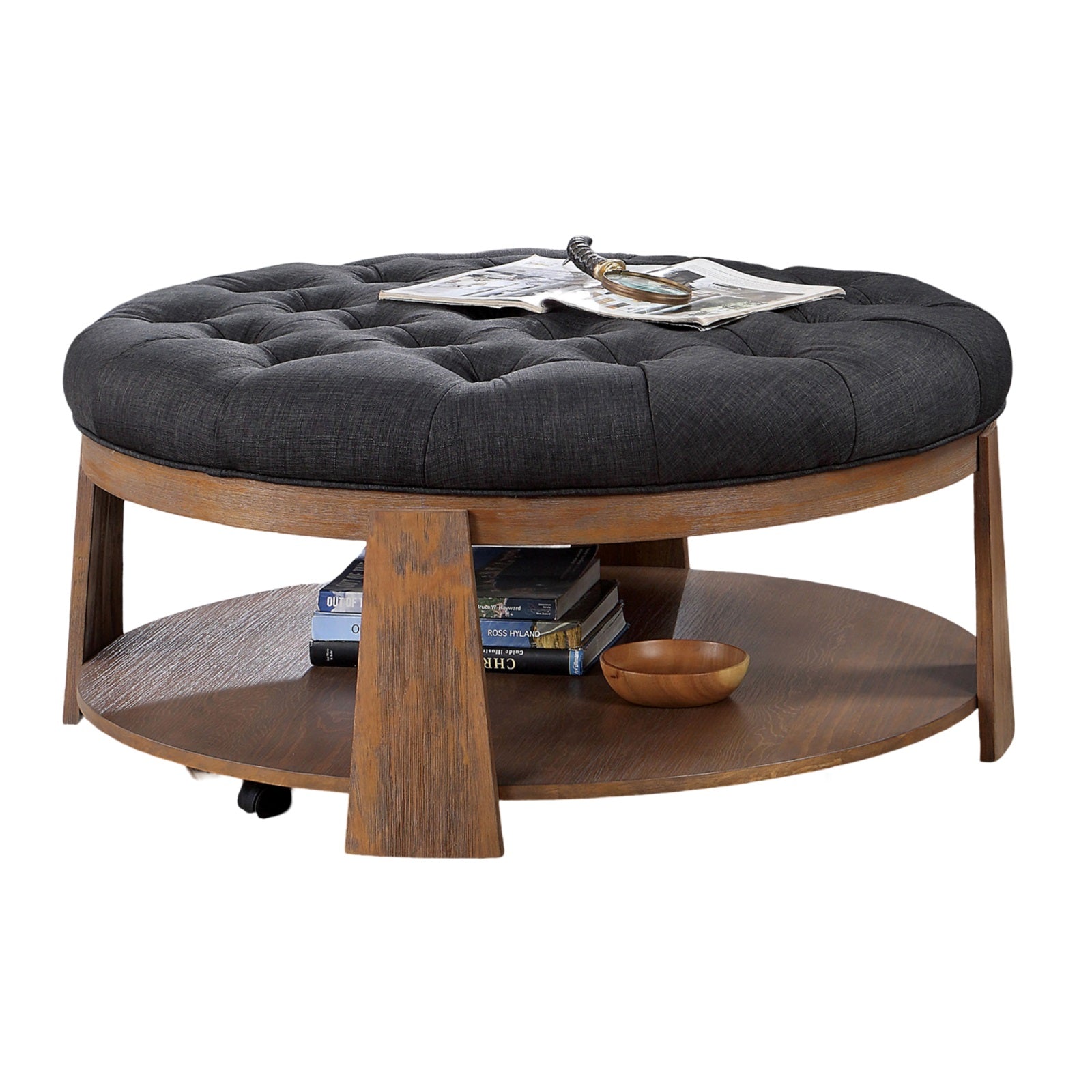 Wire-brushed Finish Natural Tone/Dark Gray 1pc Ottoman Transitional Style Deep Button Linen Like Tufted Seat Open Bottom Shelf Living Room