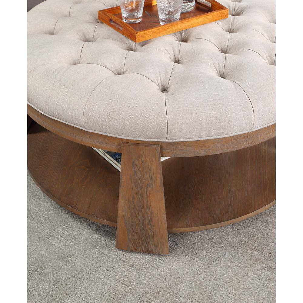 Wire-brushed Finish Natural Tone / Beige 1pc Ottoman Transitional Style Deep Button Linen Like Tufted Seat Open Bottom Shelf Living Room