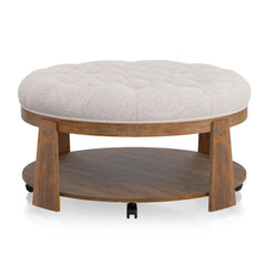 Wire-brushed Finish Natural Tone / Beige 1pc Ottoman Transitional Style Deep Button Linen Like Tufted Seat Open Bottom Shelf Living Room
