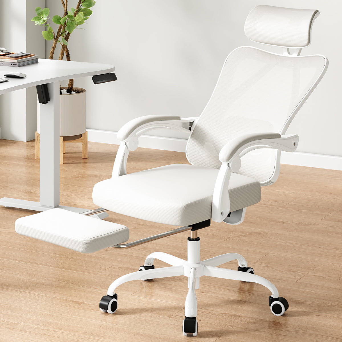 Ergonomic Office Chair with Footrest, Mesh Office Desk Chair with Headrest, High Back Computer Chair with Adjustable Lumbar Support for Home Office Study Room Bedroom, Beige