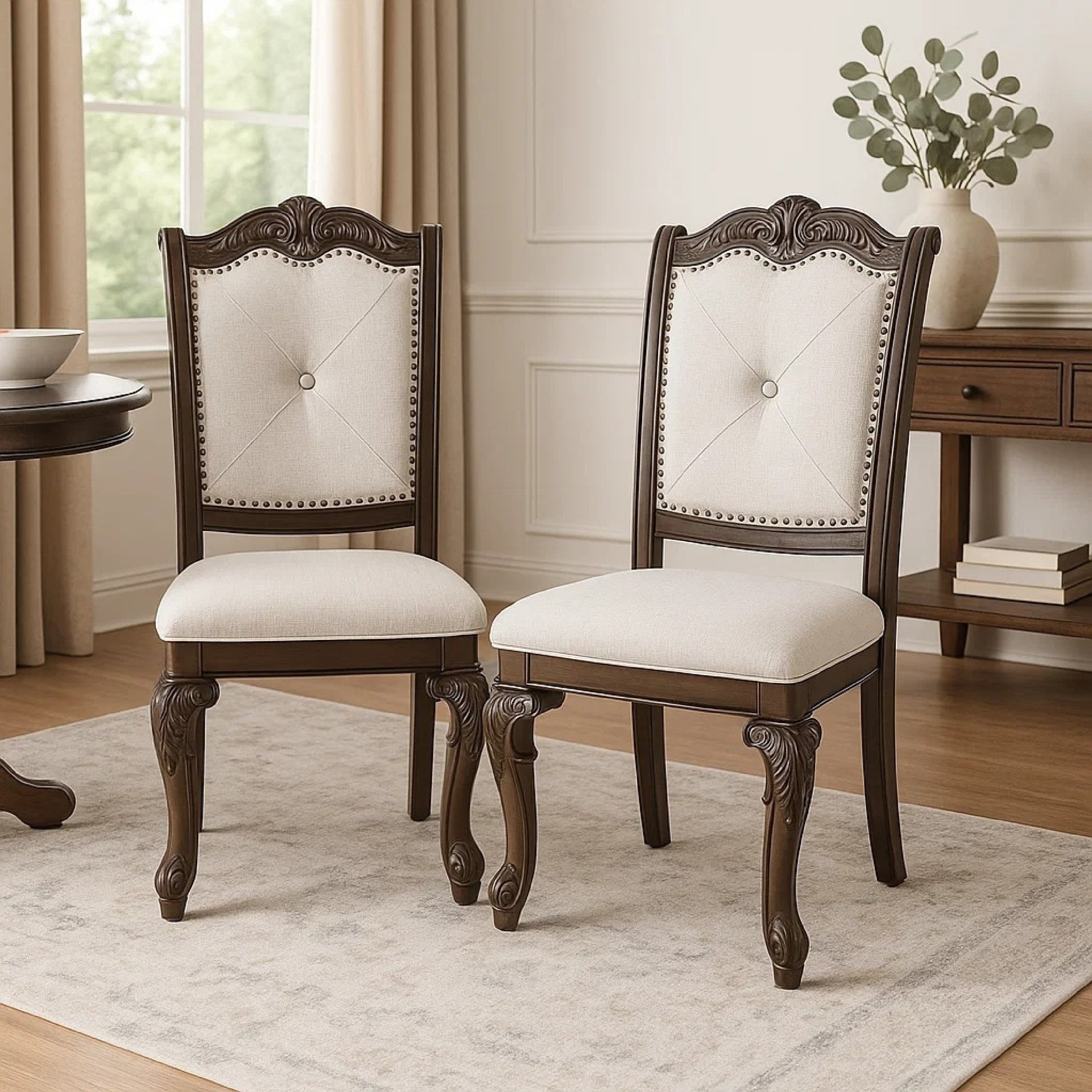Cary Side Dining Chair Set of 2, Beige Linen, Scrolled Coffee Brown Wood