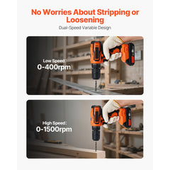Cordless Drill Driver, 1/2 inch Metal Chuck, Dual-Speed Variable, Drill Driver Kit with Lithium Battery and Charger, Belt Clip, for Wood and Metal Drilling, Screw Tightening or Loosening