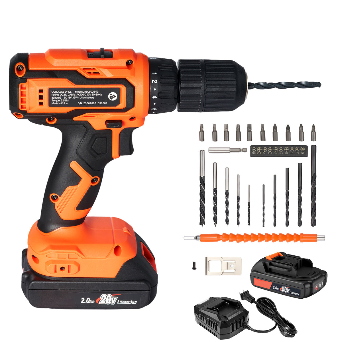 Cordless Drill Driver, 1/2 inch Metal Chuck, Dual-Speed Variable, Drill Driver Kit with Lithium Battery and Charger, Belt Clip, for Wood and Metal Drilling, Screw Tightening or Loosening