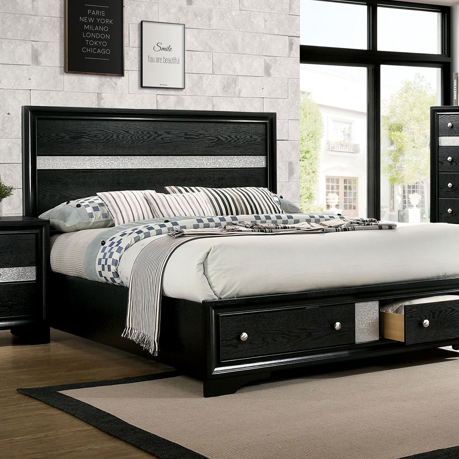 1pc Contemporary Queen Size Bed Black Solidwood 1pc Bed Bedroom Furniture Storage FB