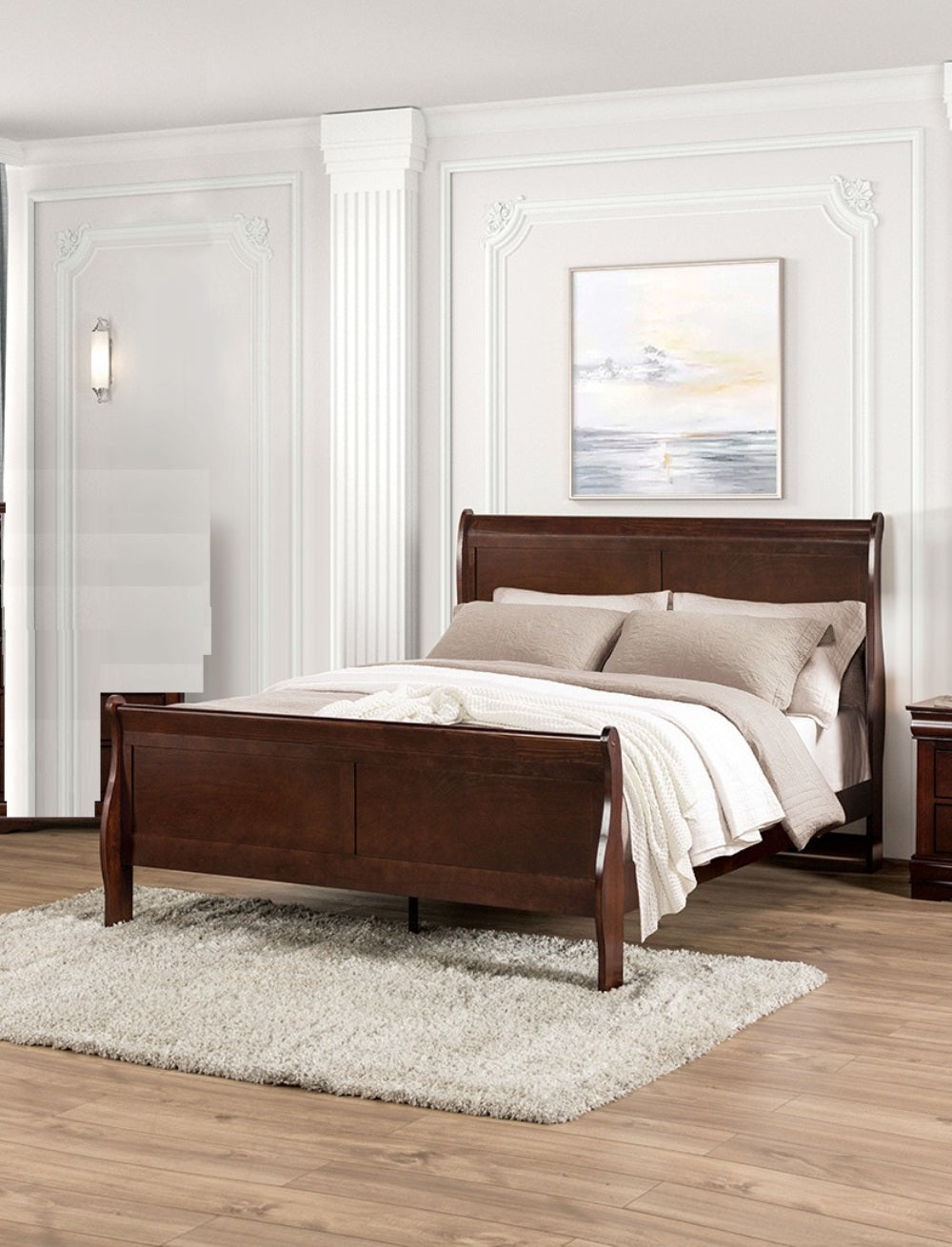 Dark Cherry Sleigh Design 1pc Queen Size Bed Bedroom Furniture Louis Phillipe Bed Bracket Feet Wooden