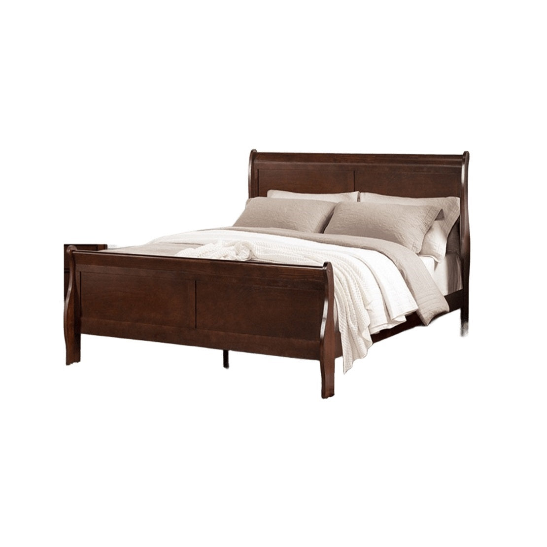 Dark Cherry Sleigh Design 1pc Queen Size Bed Bedroom Furniture Louis Phillipe Bed Bracket Feet Wooden